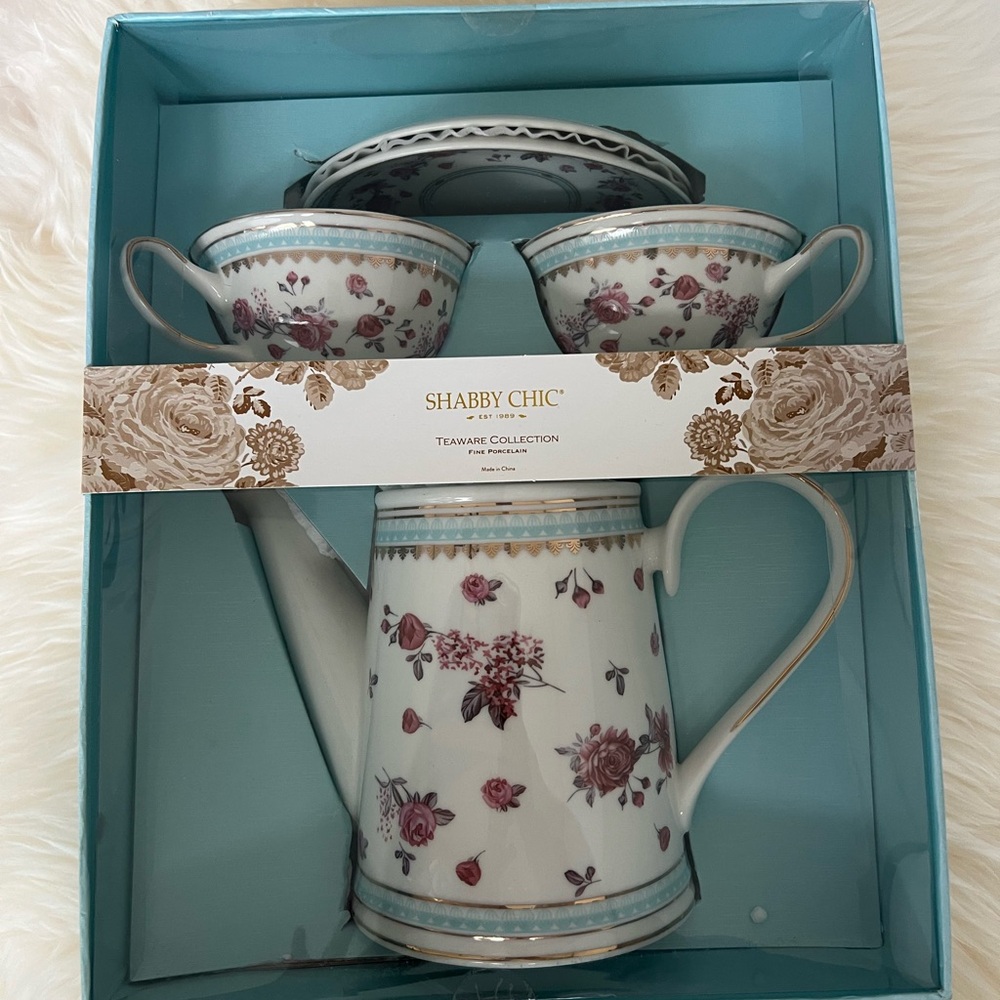 Shabby Chic Grace China Porcelain Rose Tea Set Gold, Pink, Teal Blue 5pc